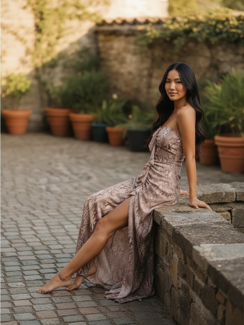 Olivaceous Strapless Taupe Printed Maxi Dress with Side Slit